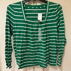 Charter Club Green and White Striped Long Sleeve Top